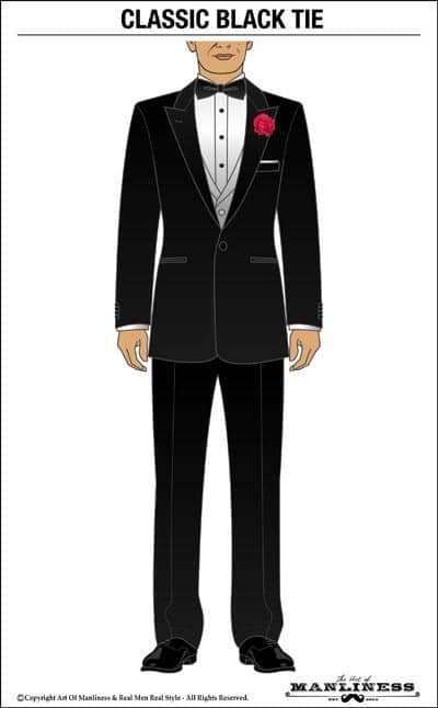 Classic black tie tuxedo illustration.