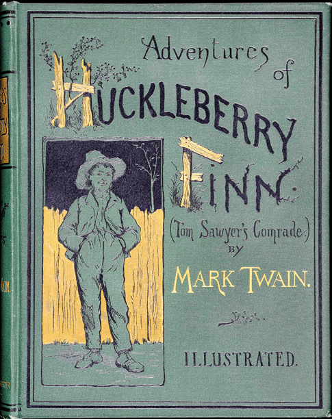 The Adventures of Huckleberry Finn by Mark Twain, book cover.